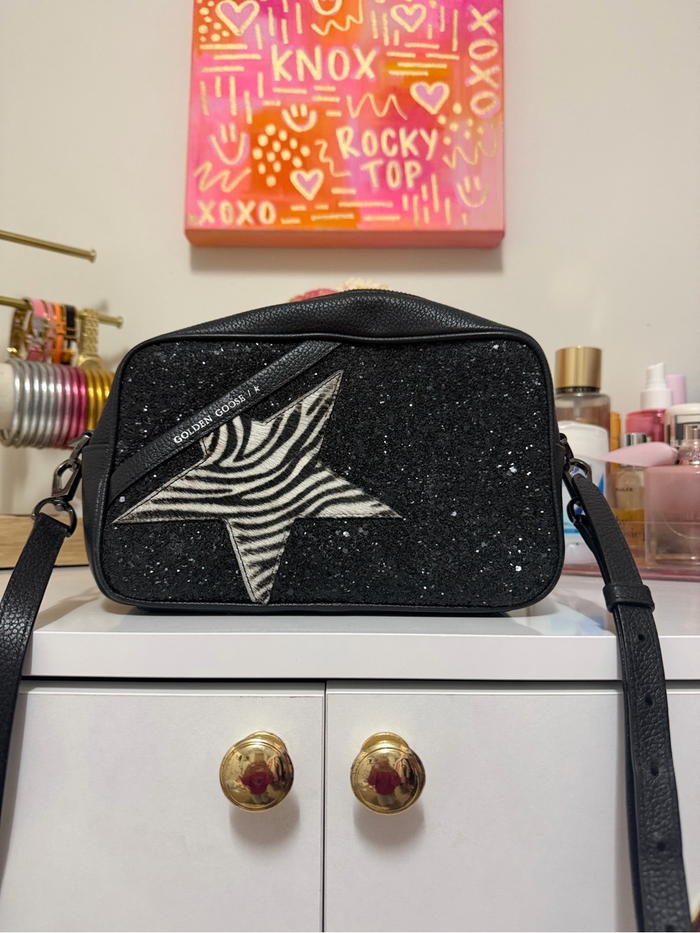 Golden Goose Black Glitter Crossbody with Zebra Star